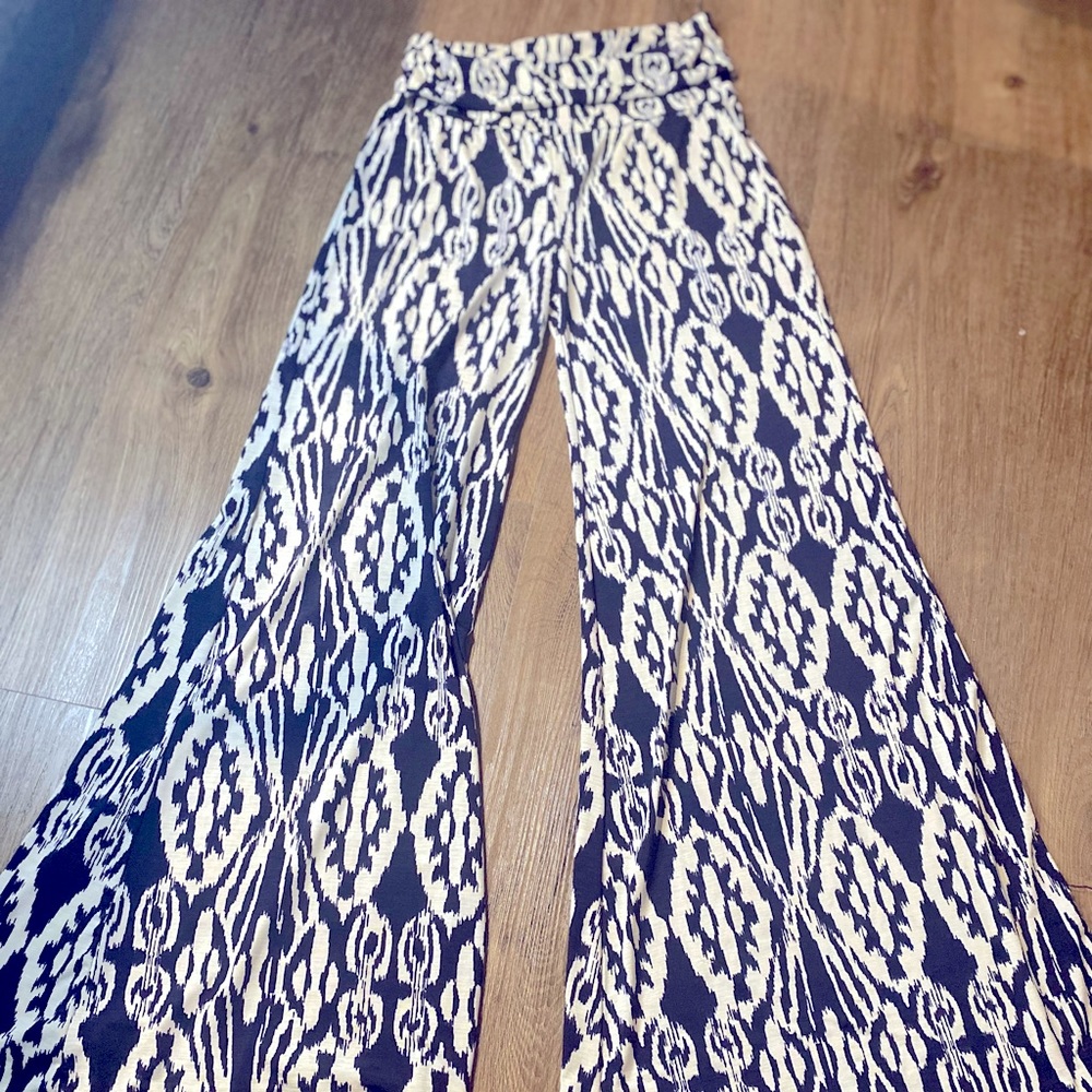 Medium Boho Flare Pants. Dark blue (looks almost black) and cream high waisted.